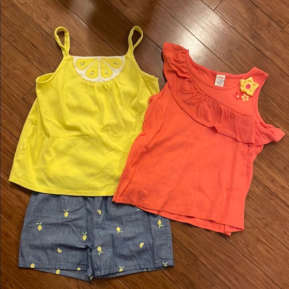 Gymboree Yellow and Orange tanks and Lemon embroidered shorts